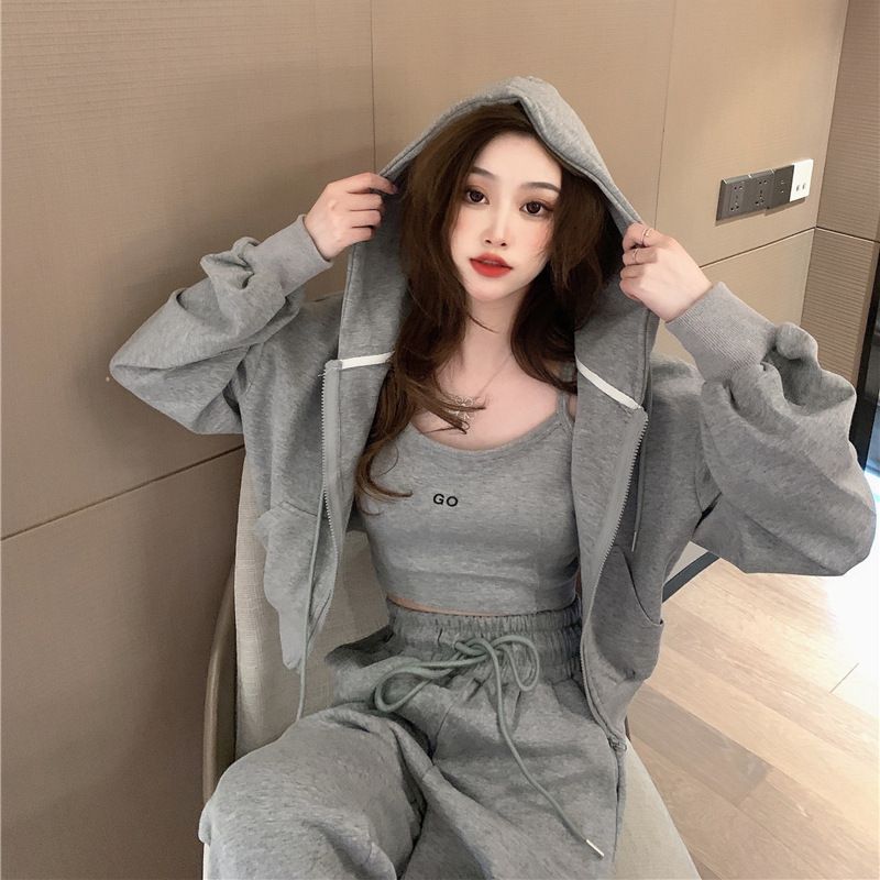 Ensemble de sport décontracté en coton 6535 pour femme, short, sweat à capuche zippé, veste, caraco, ensemble trois pièces printemps-automne_voghion.com