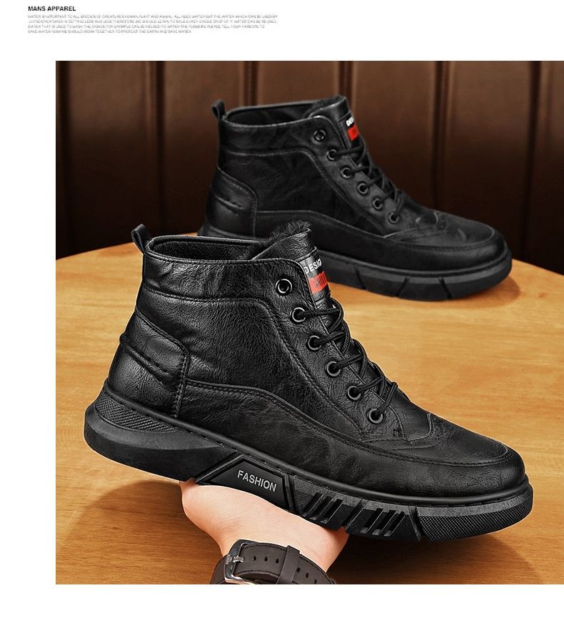 Bottes montantes chaudes Glide 2025 Hiver en coton avec doublure polaire, style business, en cuir, pour hommes._voghion.com