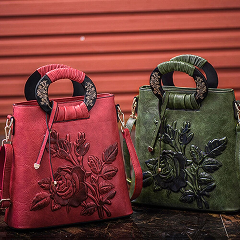 Borsa a mano con manico ad anello con stampa floreale cinese Borsa a tracolla da donna in ecopelle di grande capacità_voghion.com