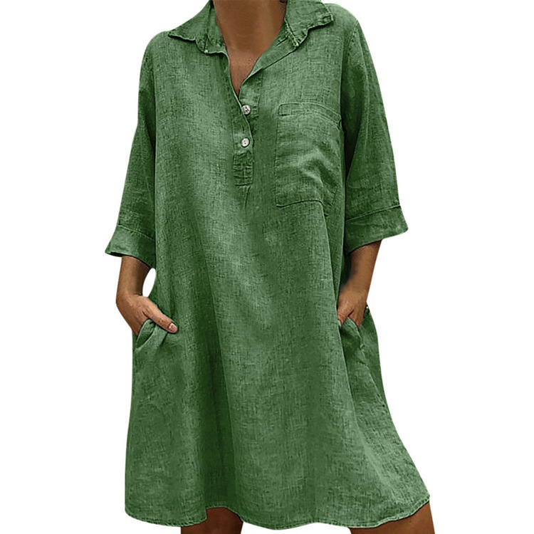 Großes Damenkleid mit 7/4 Ärmeln und Hemdkragen_voghion.com