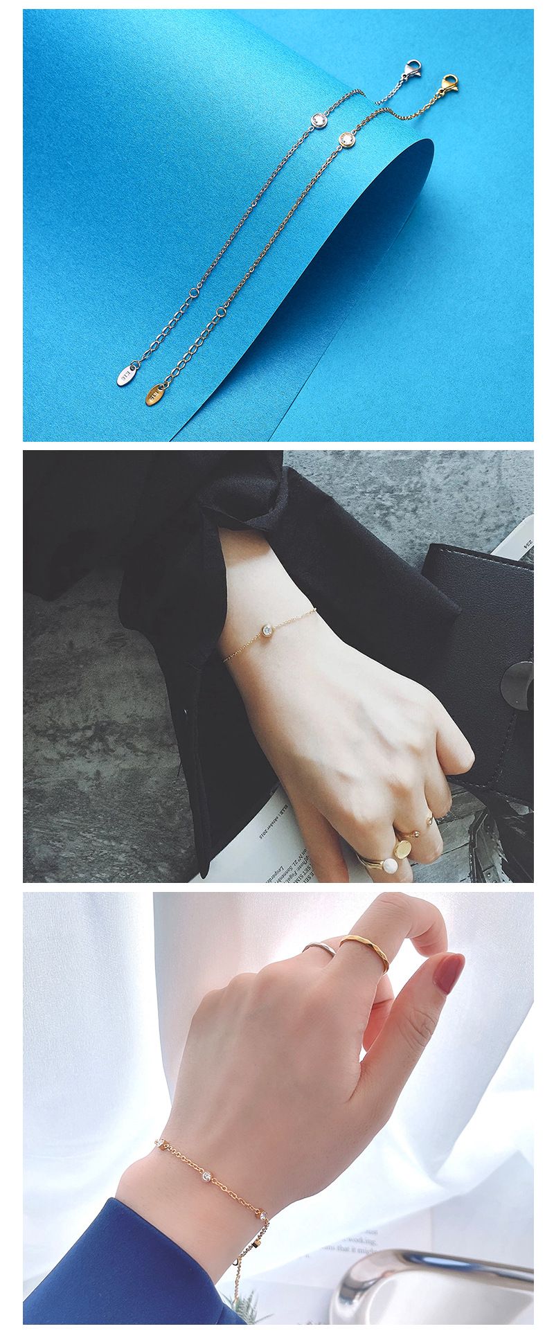 Damesmykker Små, friske håndsmykker Enkel, almindelig stil Veninder Internet-kendis Enkel diamant Seks diamanter Rustfrit stål armbånd_voghion.com