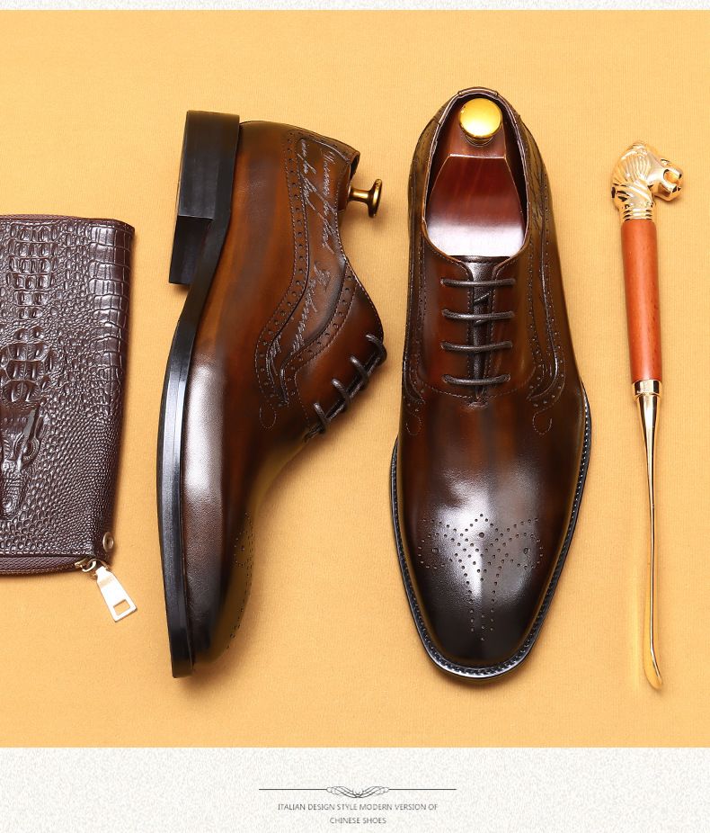 Ανδρικά δερμάτινα παπούτσια από γνήσιο δέρμα, ευρωπαϊκά και αμερικανικά, χειροποίητα βουρτσισμένα ανδρικά παπούτσια Oxford, για επίσημα επαγγελματικά ρούχα, μυτερά σκαλιστά μπρογκ_voghion.com