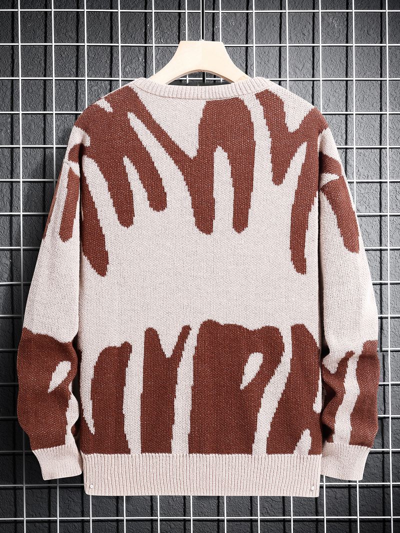 Neue beliebte Herbst Winter Unregelmäßige Jacquard Muster Pullover Pullover Lässig Rundhals Ausschnitt Kontrast Farbe Gestrickt Herren Pullover_voghion.com