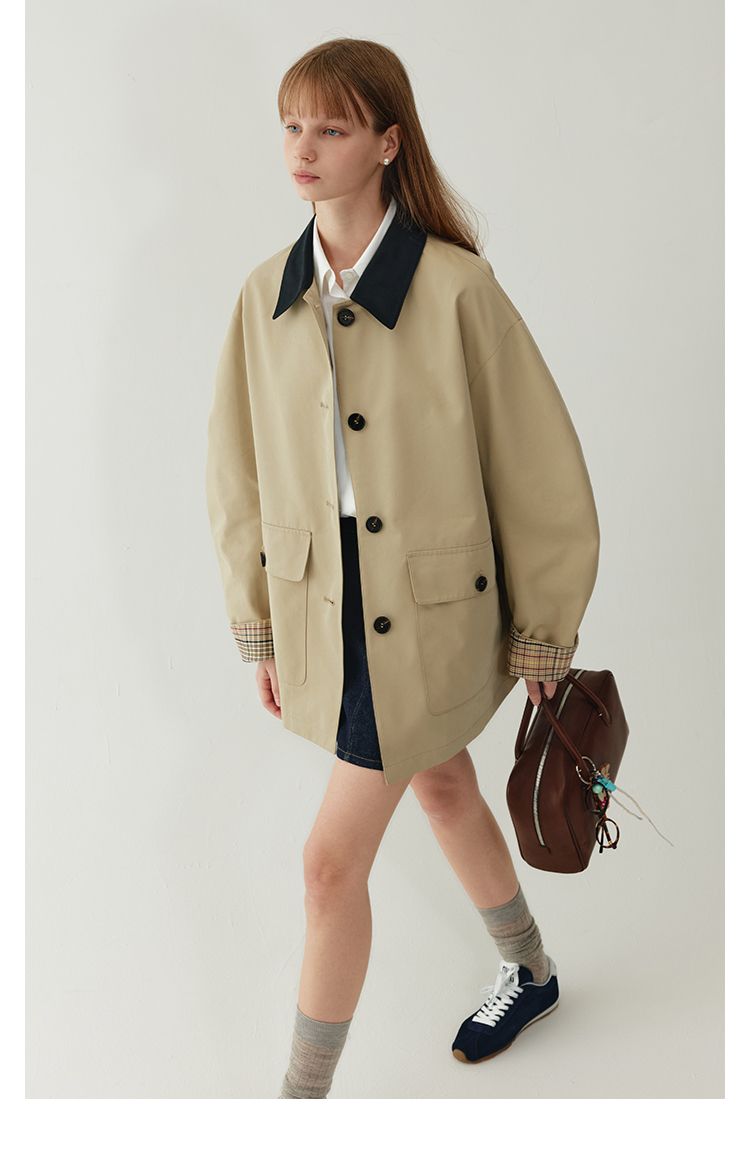 Style Short Trench For Women With Design Sense 2025 Autumn Turn-Down Collar Color-Block Oversized Coat_voghion.com