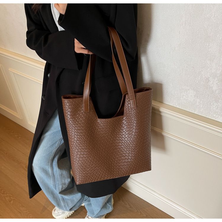 Women's Large Capacity Woven Tote Bag For Work & Travel, Stylish Shoulder Bag With Zipper Closure, Black/Beige/Khaki/Brown_voghion.com