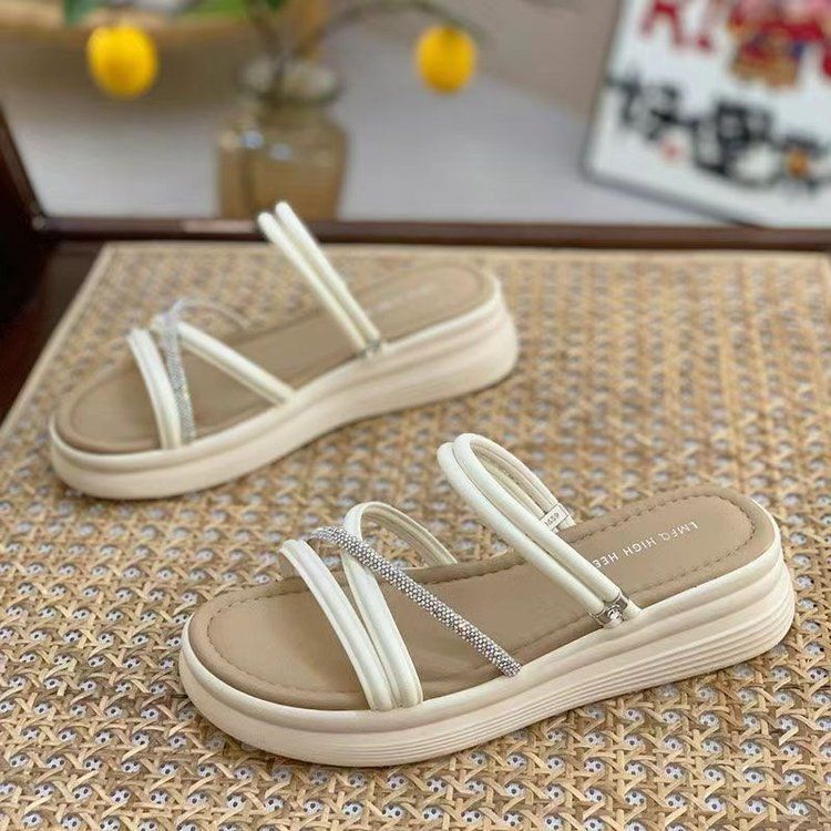 Strass Una parola Drag Femmina Muffin Tacco Pendenza Due Indossare Spiaggia Versatile Indossare Ciabatte Fresche_voghion.com