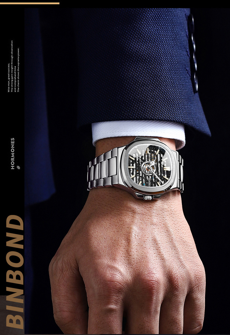 Montre homme d'affaires avec bracelet en acier inoxydable, aiguilles lumineuses, cadran squelette, mouvement automatique, étanche._voghion.com