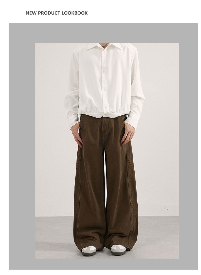 Deconstructed Vintage Washed Cotton Pants – Relaxed Straight-Leg Drop-Crotch Trousers With Pleated Details (Brown/Olive Green, Unisex Y2K Streetwear)_voghion.com
