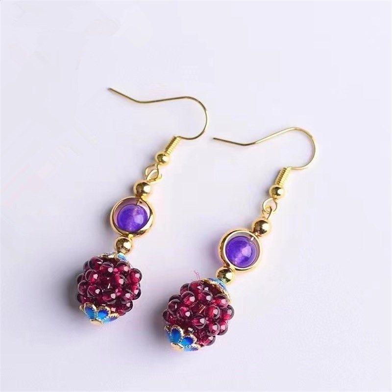 Bracciale con orecchini a sfera ricamati in granato naturale intrecciato, gancio per l'orecchio in argento 14K_voghion.com