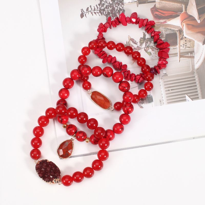 Gravel Rund Perle Armbånd Håndstreng Kvinde Rød Sæt Elastisk Perle Justerbar_voghion.com