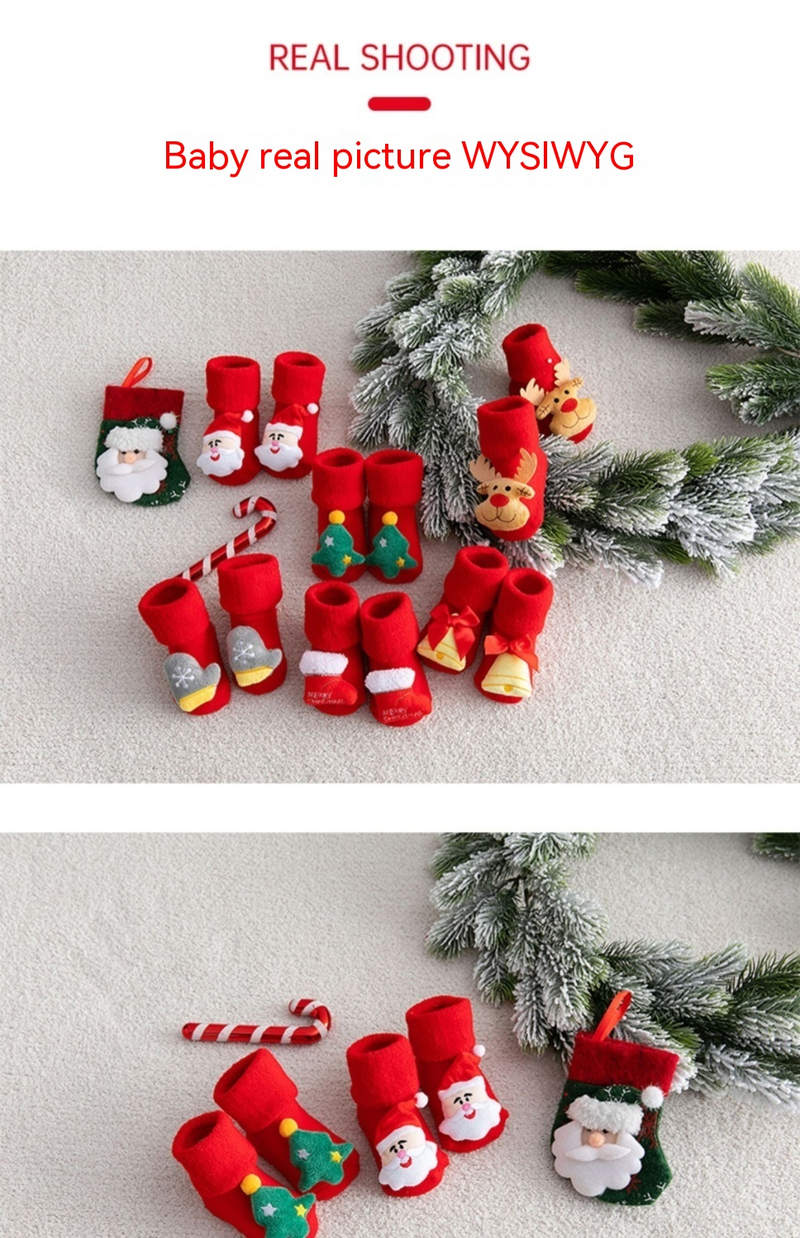 Children's floor Christmas plush loops, cartoon new year red figurines, medium size baby socks,_voghion.com