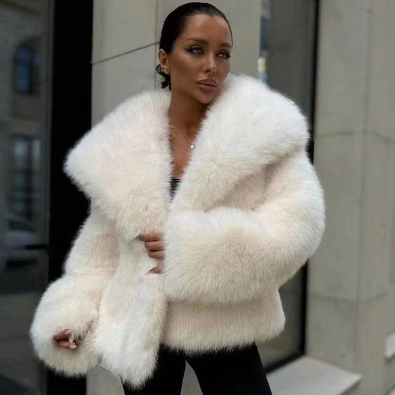 Damen Kunstpelzjacke mit übergroßem Revers, flauschiger lässiger Fuchspelzmantel, elegante Winteroberbekleidung für Damen_voghion.com