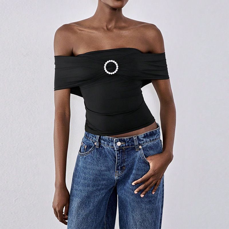 Damenbekleidung Retro One-Shoulder Trägerloses Tube-Top Mit Edelsteinring-Verzierung Pure Desire Style Slim Fit Damen-Top Kurz_voghion.com