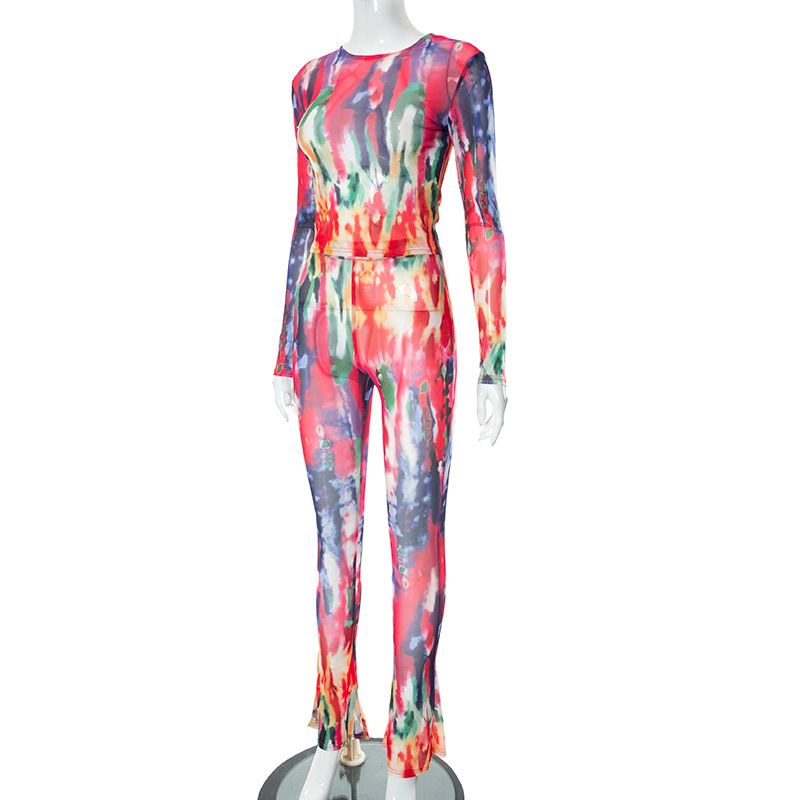 Ropa de mujer, primavera y verano, nueva moda, malla estampada, pantalones ajustados, traje informal_voghion.com