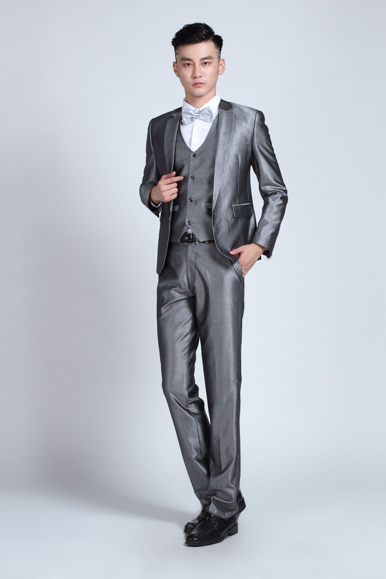CT 2025 New Men's Set Groom Korean Style Slim Fit Host Wedding Silver Gray Suit_voghion.com
