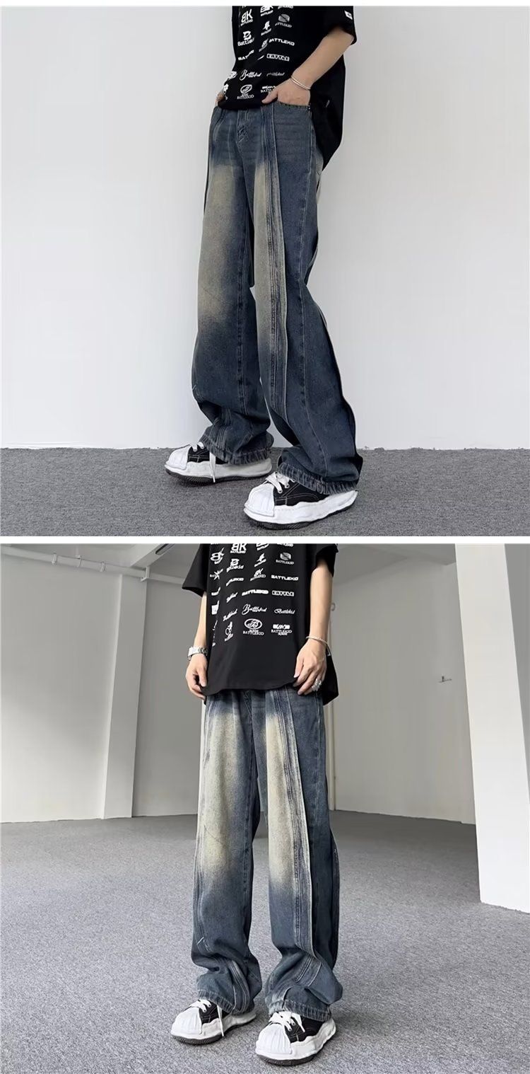 Trendy Amerikaanse patchwork jeans, losse en hoogwaardige wijde, afzakkende rechte broek voor heren_voghion.com