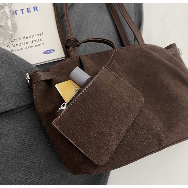 Korean niche tuet frosted suede leather large capacity tote popular hand-held shoulder bag, HOBO underarm women's bag_voghion.com