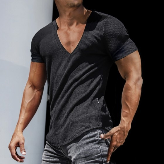 Casual slank T-shirt met korte mouwen voor heren, sport-fitness hardlooptopjes met V-hals_voghion.com