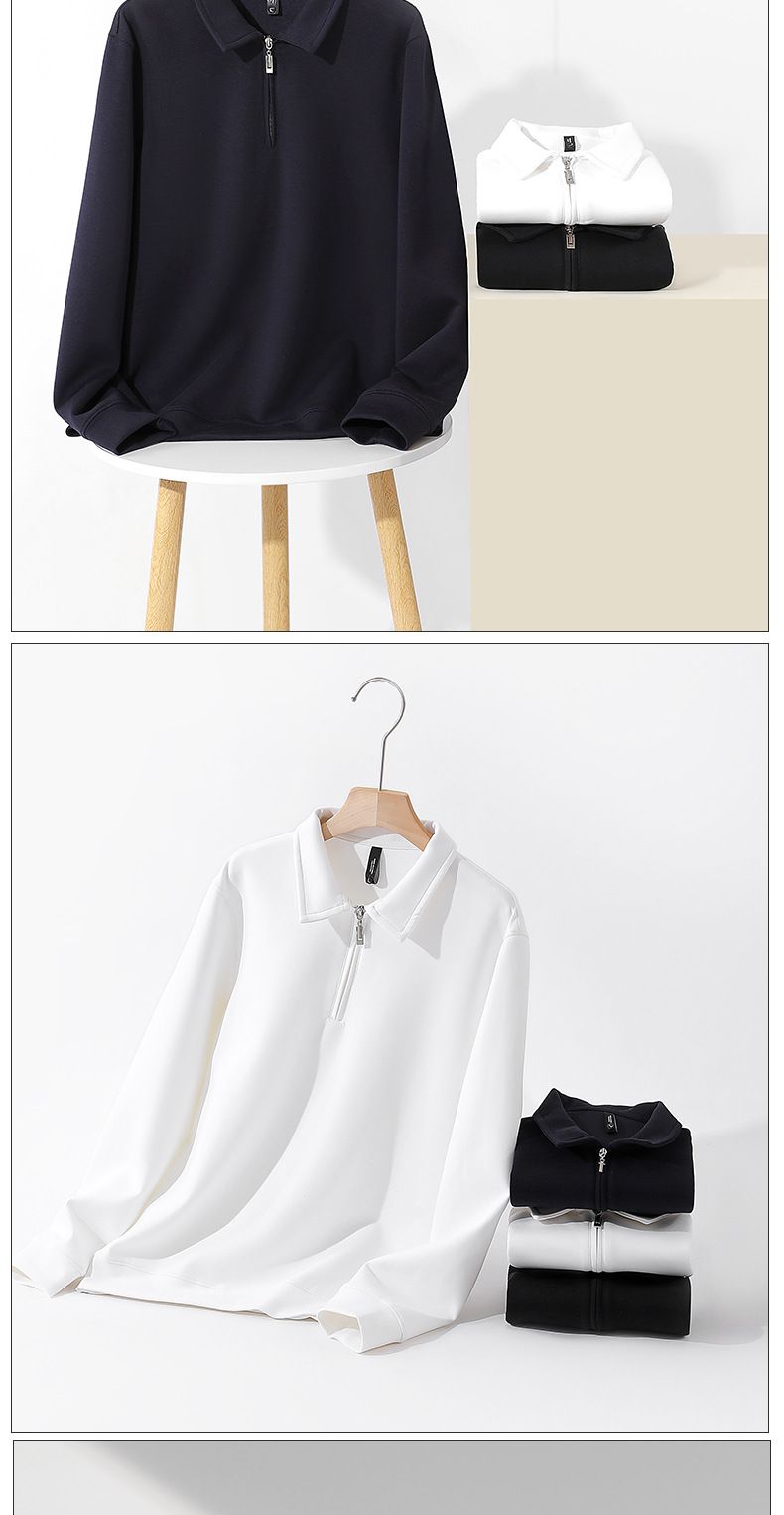 Herren-Polo-Sweatshirt mit halbem Reißverschluss, 360 g, schweres Gewicht – Premium-Mamba-Baumwolle, entspannte Passform, lässiger Pullover mit Kragen (Weiß, Schwarz, Marineblau)_voghion.com