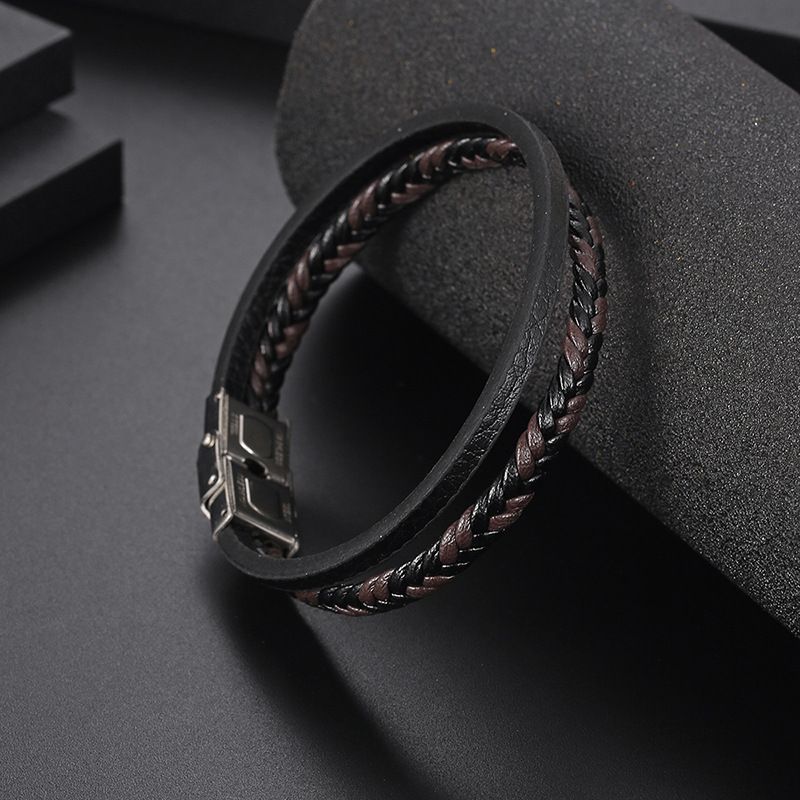 IMI Titanium Steel Braided Leather Bracelet For Men - Stylish Multi-Loop Wristband, Adjustable & Durable, Unisex Fashion Accessory YL254_voghion.com