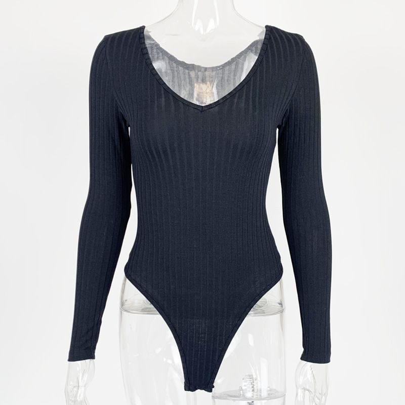 Kvinders sexet slim-fit V-hals ensfarvet langærmet base jumpsuit_voghion.com