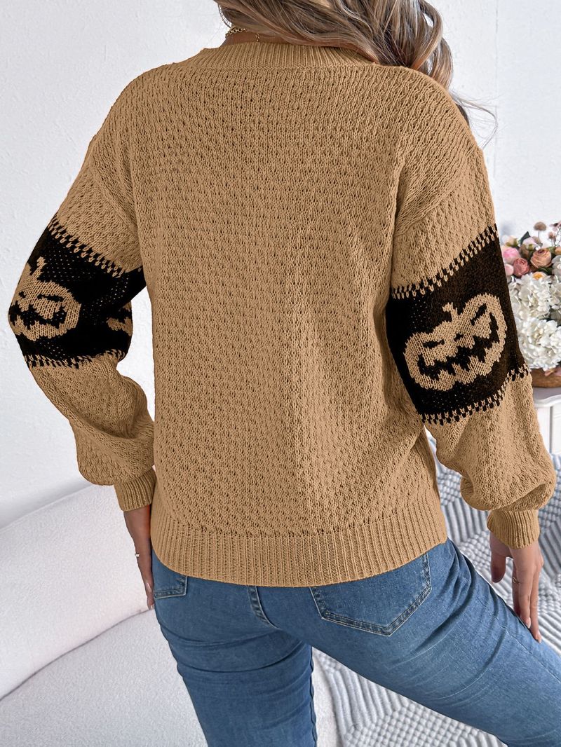 Herbst Winter Halloween Thema Kürbiskopf Farbblock Langarm Pullover Pullover Damenmode_voghion.com