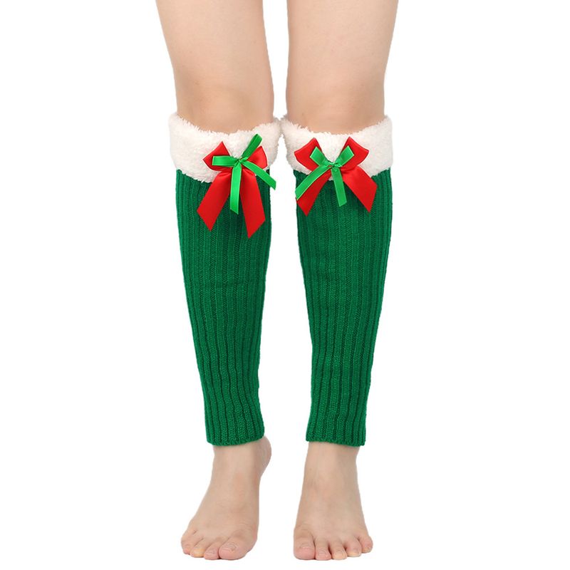 avec des chaussettes de Noël en velours pour femmes, des protections chaudes en tricot pour les jambes et les pieds, des chaussettes poilues à nœud papillon_voghion.com