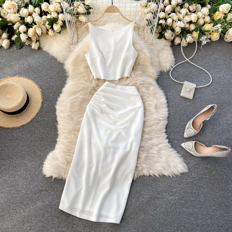 Ensemble de vêtements pour femmes, couleur unie, col rond, gilet, haut court, taille haute, hanche, jupe mi-longue, ensemble deux pièces pour femmes_voghion.com