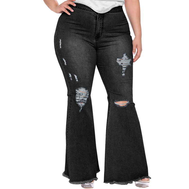 Vêtements pour femmes à la mode Slim Wide Leg déchiré trous grande taille Fat Mm Flared Jeans_voghion.com