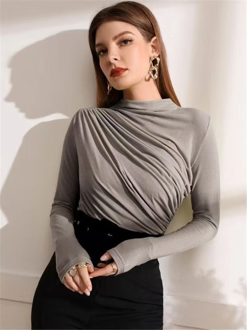 2025 Autumn And Winter New Design, Pleated Versatile Long Sleeved T-shirt, Women's Solid Color Top_voghion.com