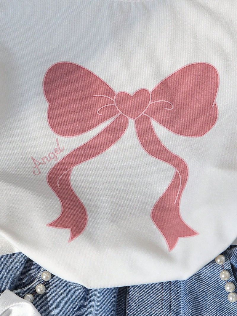 Completo da bambina composto da top in maglia stampato + jeans in denim con fiocco di perline, 2 pezzi – Look casual alla moda (4-7 anni, bianco)_voghion.com