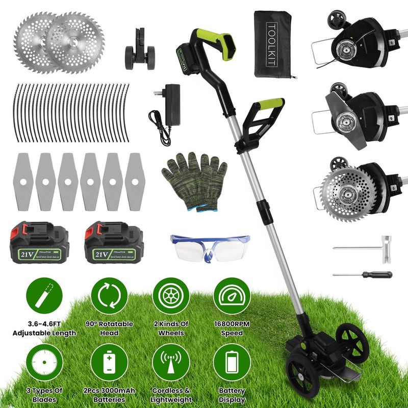 21V Electric Edger Cordless String Trimmer Grass Mower Eater Bush Cutter With 16800RPM 2x 3000mAh Batteries 3.6-4.6FT Length 90° Rotatable Angle Saw Blade Steel Blade String Blade_voghion.com