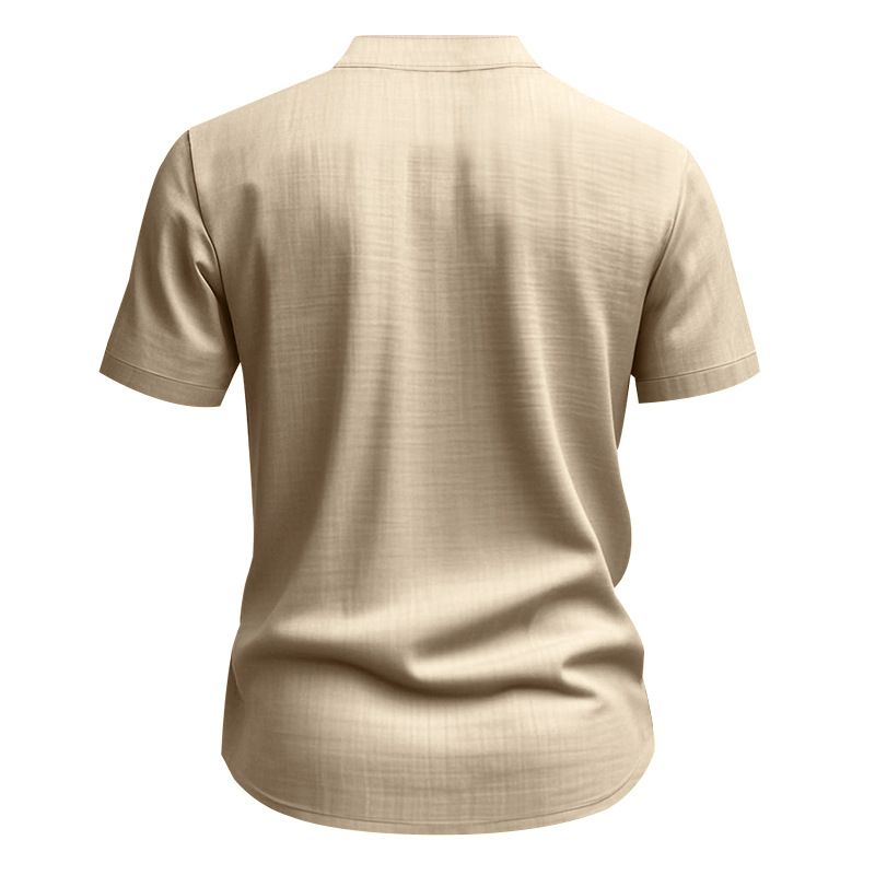 Camisa de lino de manga corta para hombre, nueva, de color liso, con cuello alto y bolsillo, holgada, informal_voghion.com