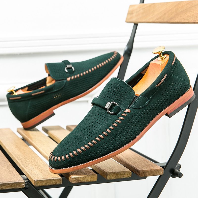 Handmade Business Loafers Punching Breathable Foot Shoes Men's Formal Lazy Leather Shoes_voghion.com