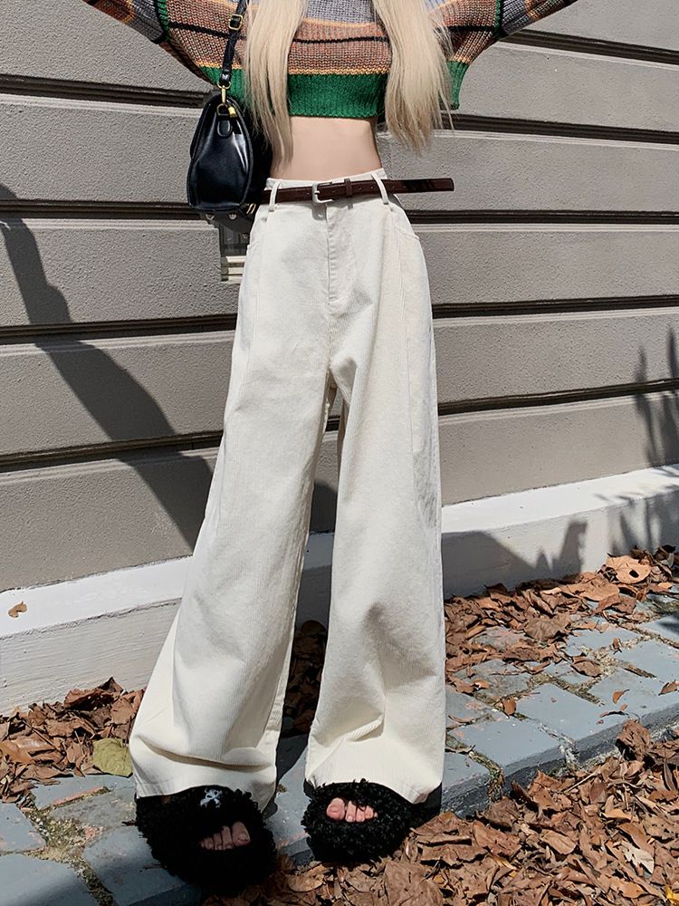 2024 Lente en herfst Nieuwe hoge taille Corduroy Casual voor vrouwen met fluwelen ontwerp, wijde rechte pijpen vloerbroek_voghion.com