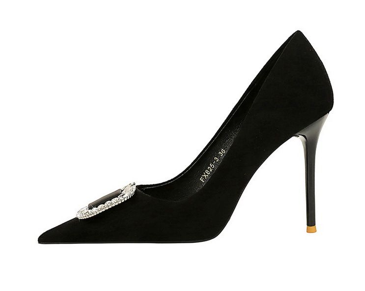 825-K69 Koreansk Mode Banquet Høje Slanke Hæle Dame Ruskind Lav Spids Mund Metal Vand Diamant Spænde Enkel_voghion.com