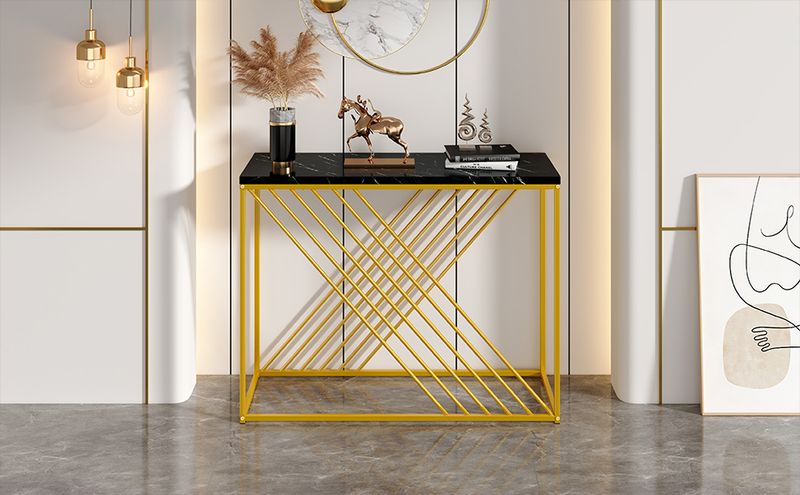 Console noire avec pieds dorés, 100 x 35 x 77 cm, table d'entrée en MDF brillant, table de couloir, buffet, table d'appoint, style vintage_voghion.com
