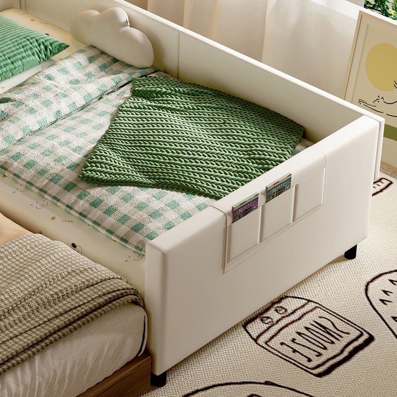 Lit de jour pour enfant avec structure en métal, canapé-lit une place, lit de rangement blanc pour enfant avec table de chevet rabattable, 3 petits compartiments de rangement, PU, MDF et contreplaqué, 90 x 200 cm_voghion.com