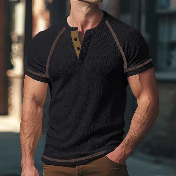 Unbeatable Quality V-neck Buckle Men's Summer Solid Color Waffle Casual Sports Short Sleeved Henry T-shirt_voghion.com