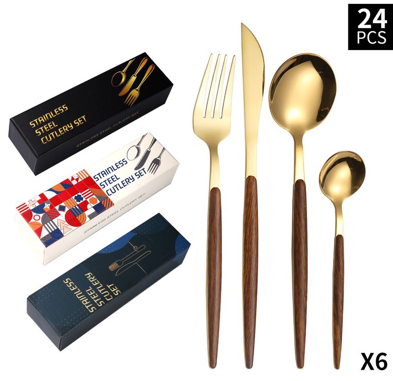 Set di posate in acciaio inossidabile da 24 pezzi - Coltelli e forchette da bistecca in acciaio 430 con manico in legno retrò_voghion.com