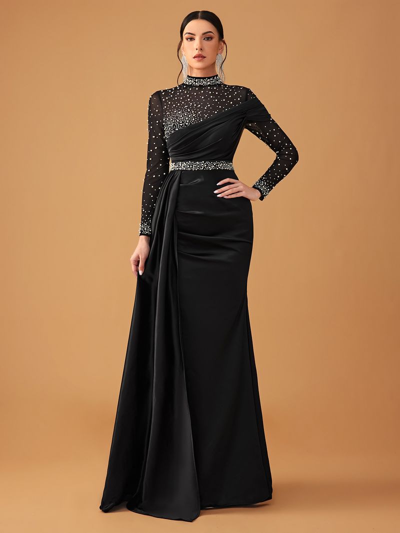 Dametøj Ny boldkjole til kvinder Elegant mesh perler satin højhalset langærmet aftenkjole_voghion.com