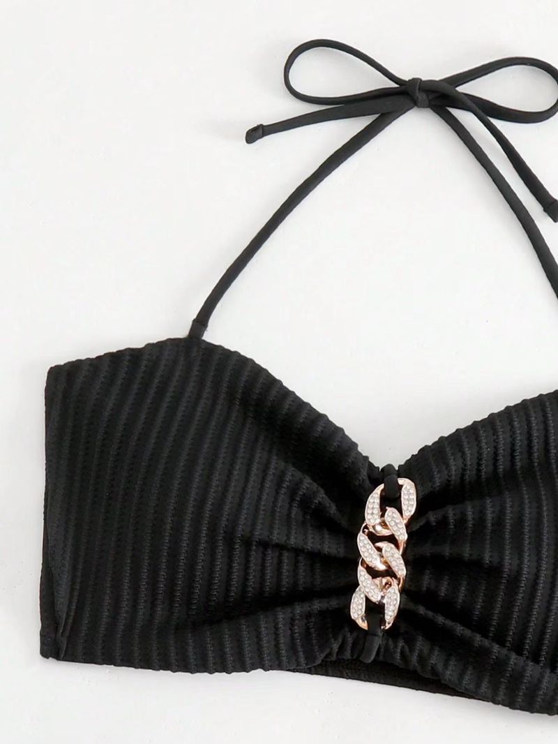 Kadın çizgili yular boyun moda bölünmüş biniki mayo kadın_voghion.com
