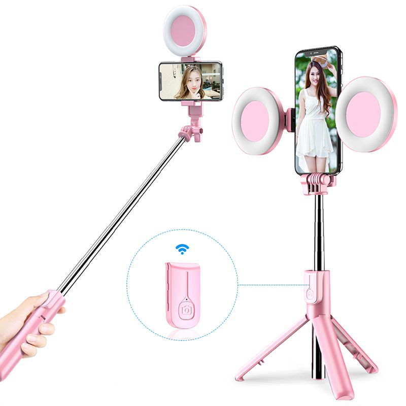 Perche à selfie sans fil compatible Bluetooth avec anneau lumineux à LED, trépied pliable et monopode pour iPhone et Android Live Tripod_voghion.com