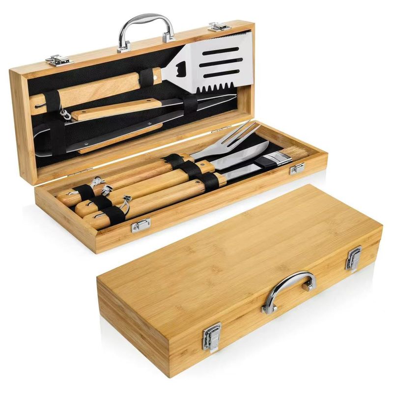 ✅Stainless Steel Tool Outdoor Wooden Handle Fork Spatula Tongs Combination BBQ Utensils Full Set_voghion.com