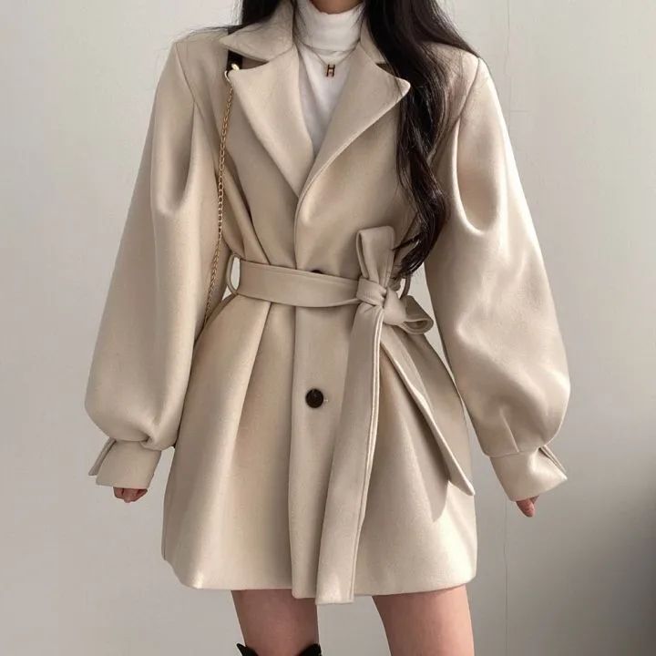 Women's Chic Oversized Wool Coat With Notched Lapel - Mid-Length Trench Coat For Petite & Tall - Fall Winter Fashion Blazer Jacket In Black & Beige_voghion.com