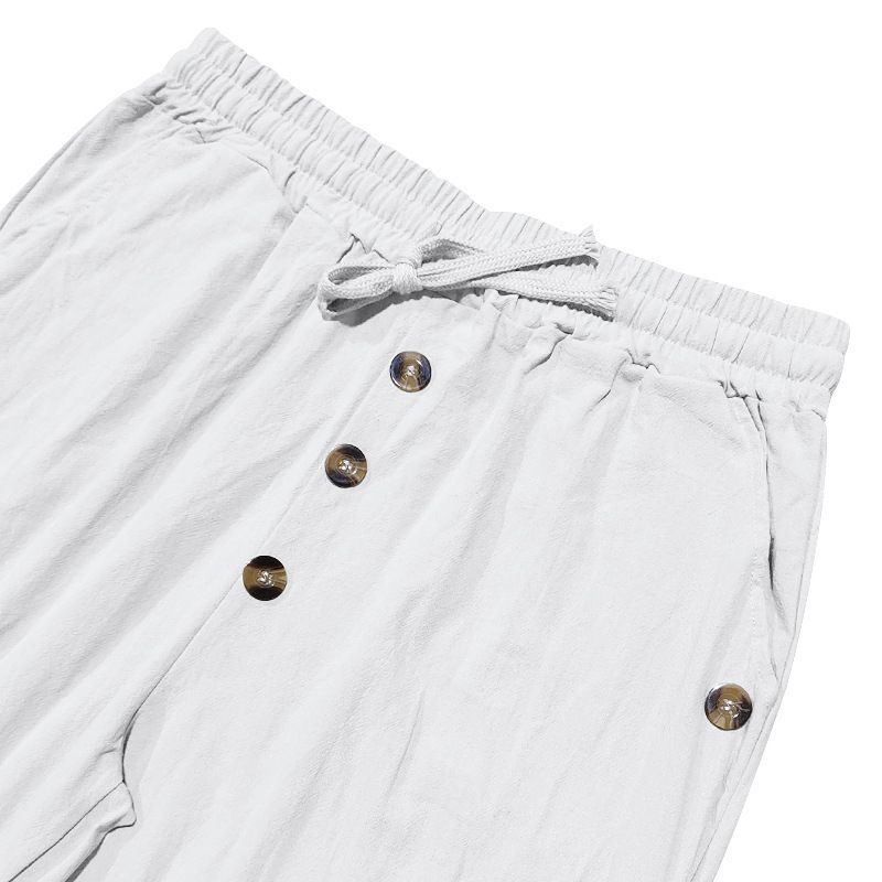 Pantaloni da spiaggia primaverili e autunnali da uomo, in cotone e lino, tinta unita, larghi, con coulisse e bottoni, casual, da uomo_voghion.com