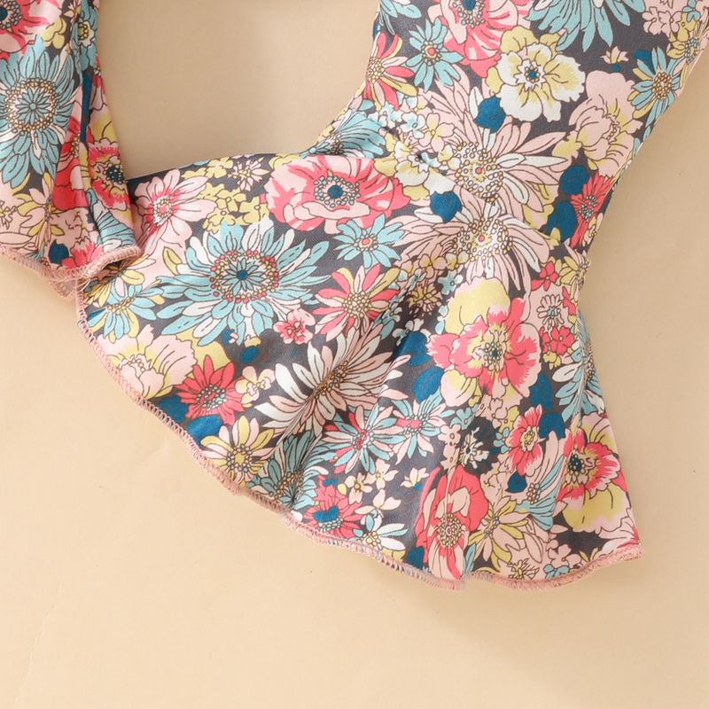 Mother & Kids Baby Girl Double Strap Short Sleeve Button Top Flared Pants Set Solid Color Top Floral Pants Three-piece Set_voghion.com