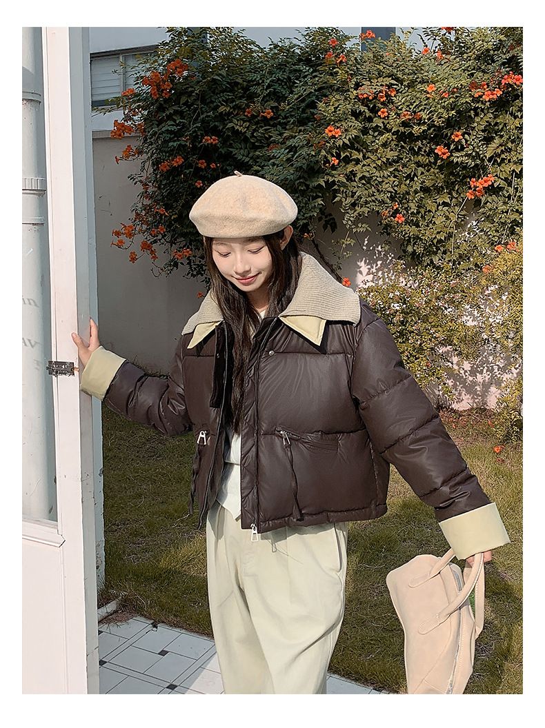 2024 European Knitted Short Down Jacket Women's Winter Fashion Splicing Doll Collar Cotton Coat Trend_voghion.com