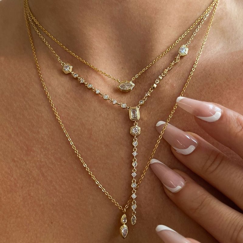 Vintage Geometric Pendant Necklace Elegant Layered Y-Chain With Crystal Accents, Dainty Gold/Silver Statement Jewelry For Daily Wear & Special _voghion.com