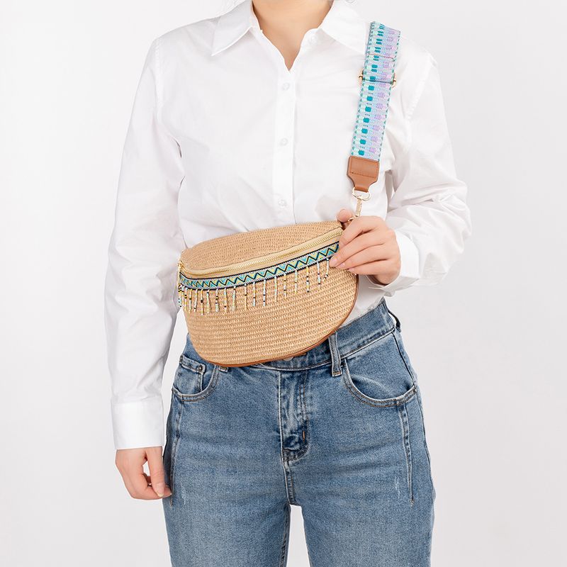 Bolsa feminina versátil de palha PP trançada com zíper para férias estilo étnico ENSPT_voghion.com